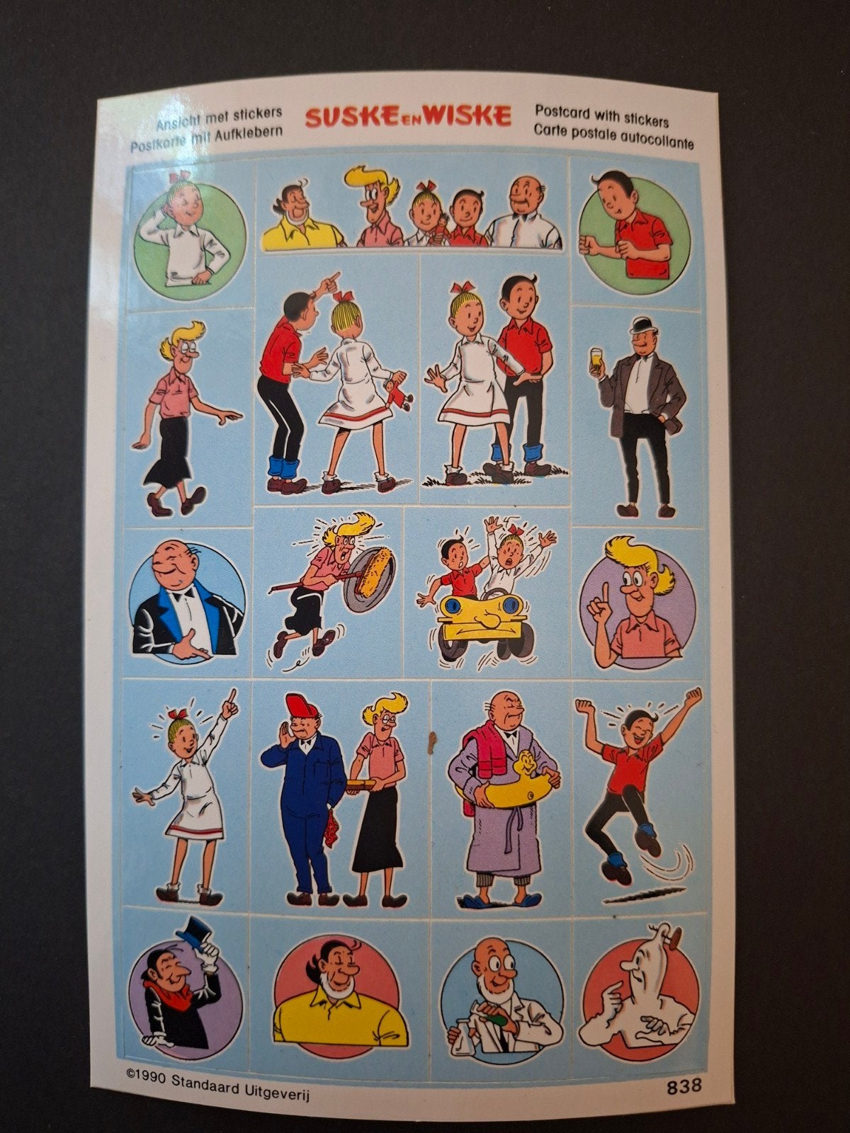 Suske en Wiske postkaart met stickers 1990, Verzamelen, Ophalen of Verzenden, Suske en Wiske, Nieuw, Plaatje, Poster of Sticker