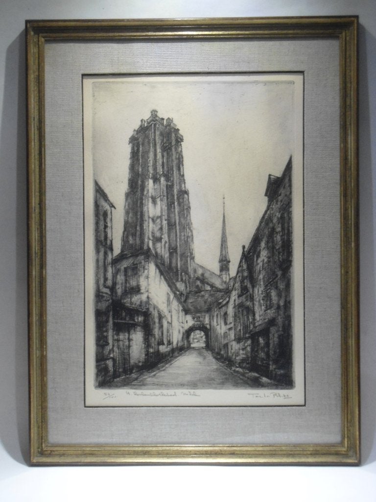 Tony Luc Blickx. Ets Mechelen., Ophalen, Stadsgezicht, Ets, Met tekst