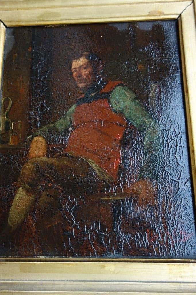 Oude  antiek schilderij met een brouwers gast, Ophalen of Verzenden, Gesigneerd, Olieverf