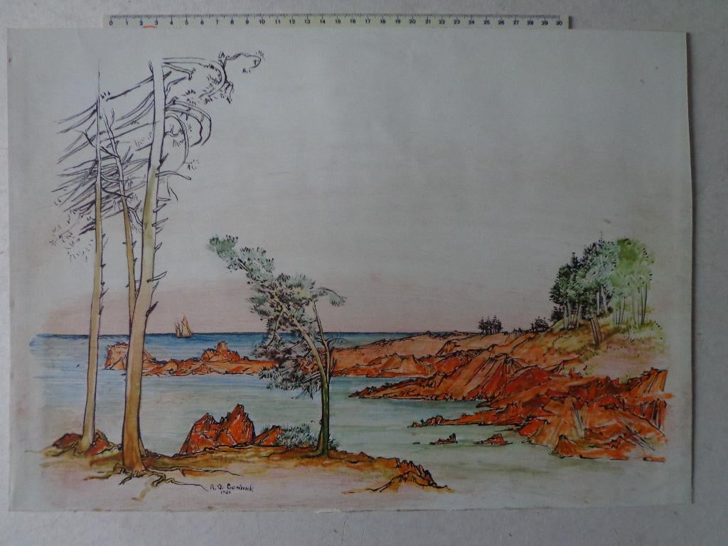 tekening / gemengde techniek René De Coninck Landschap 1951, Antiek en Kunst, Ophalen of Verzenden