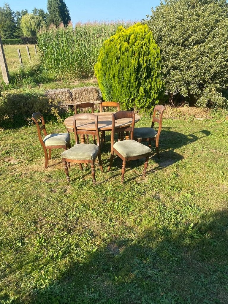 6 chaises et une table ronde en bois rustiques, Enlèvement, Utilisé, Ancien, 4 à 6 chaises