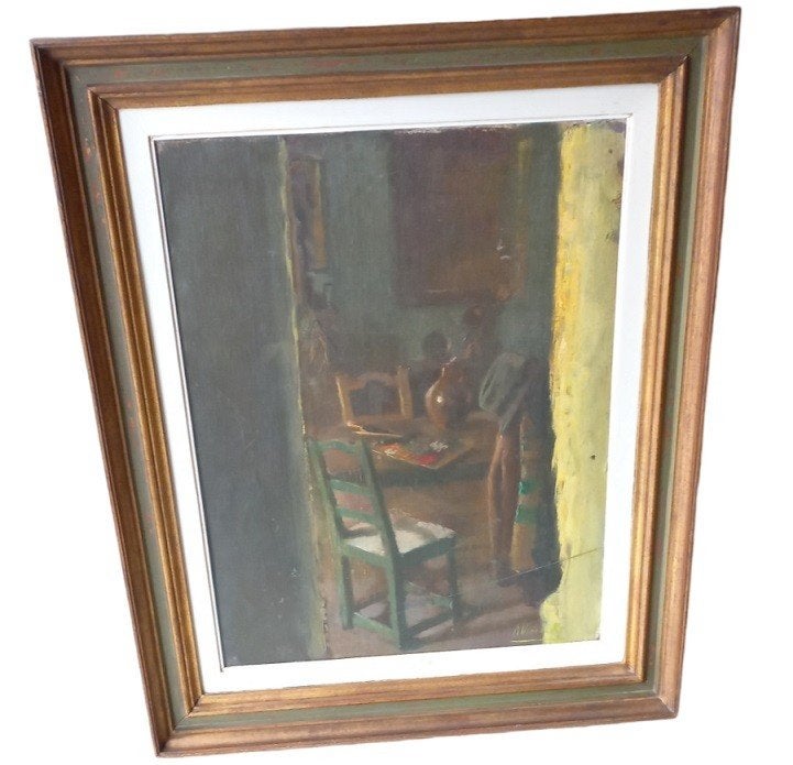 A. Vereecke "keukeninterieur"., Paneel, Stilleven, Ophalen of Verzenden, Gesigneerd