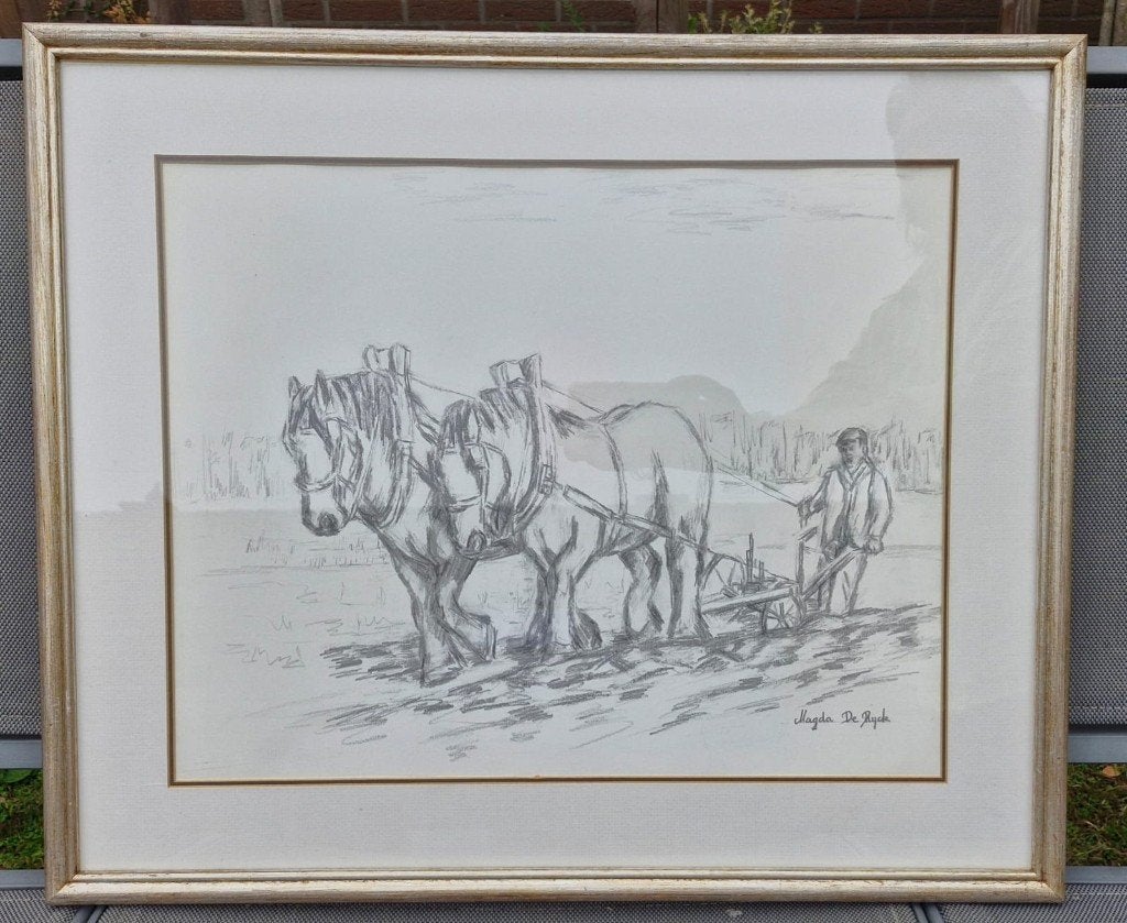 Houtskooltekening trekpaarden, 1950 - 1999, Overige technieken, 62 cm, 54 cm