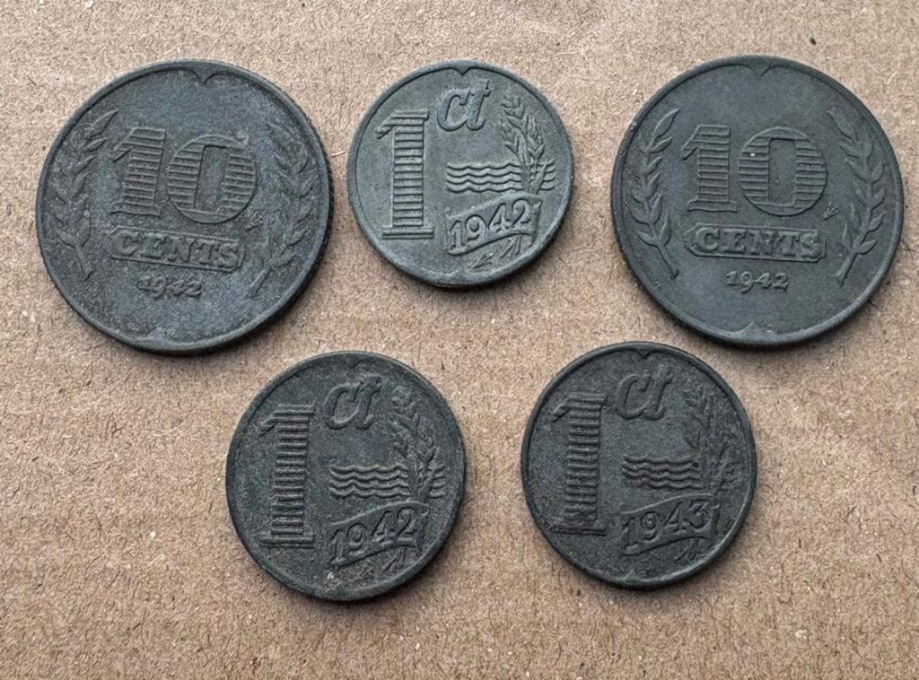 5 Nederlandse WW2 munten, Postzegels en Munten, Munten | Nederland, Ophalen of Verzenden