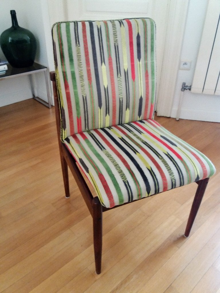 Set van 6 vintage eetkamer stoelen, Huis en Inrichting, Stoelen, Gebruikt, Vijf, Zes of meer stoelen, Hout, Stof, Ophalen