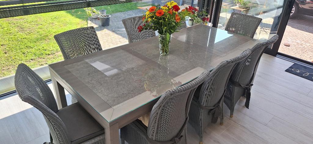 Table robuste avec plateau en verre + 8 chaises en osier, Chêne, Cinq personnes ou plus, Enlèvement, Utilisé