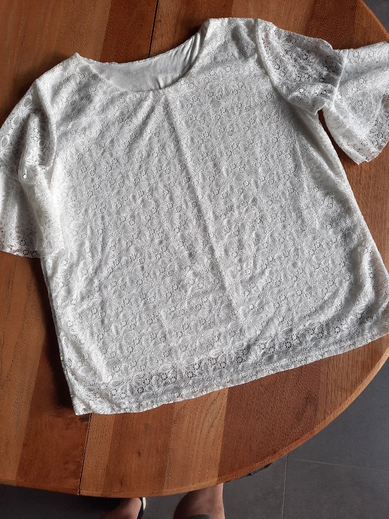 blouse wit met kantstof over, Kleding | Dames, Ophalen of Verzenden, Gedragen, Maat 42/44 (L), Wit