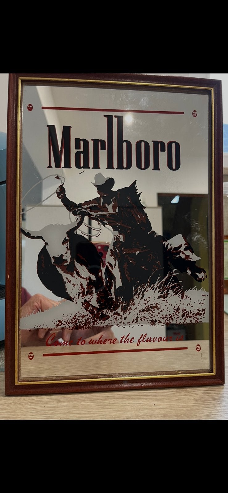 Miroir Publicitaire Vintage MARLBORO Cowboy Rodeo 32x22, Enlèvement, Rectangulaire