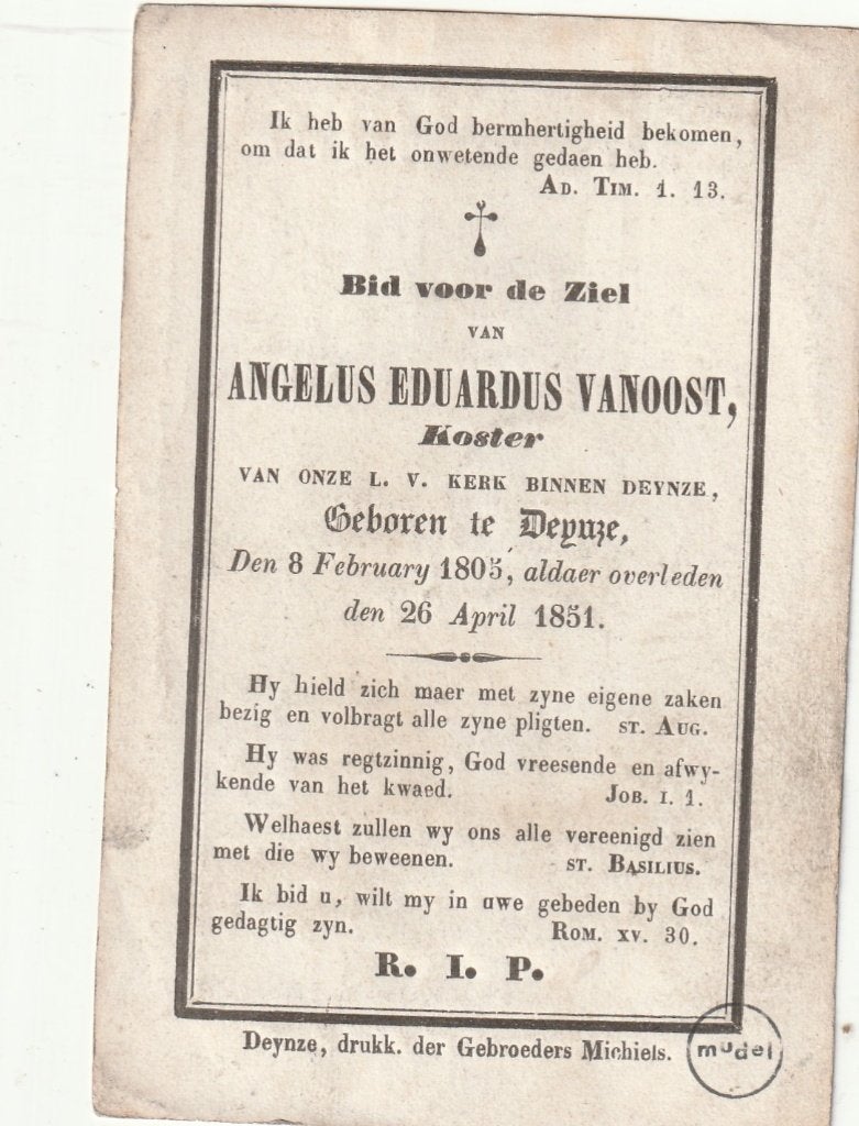 B P 11 / VANOOST ANGELUS DEINZE 1805 - 1851, Verzamelen, Bidprentjes en Rouwkaarten, Ophalen of Verzenden, Bidprentje