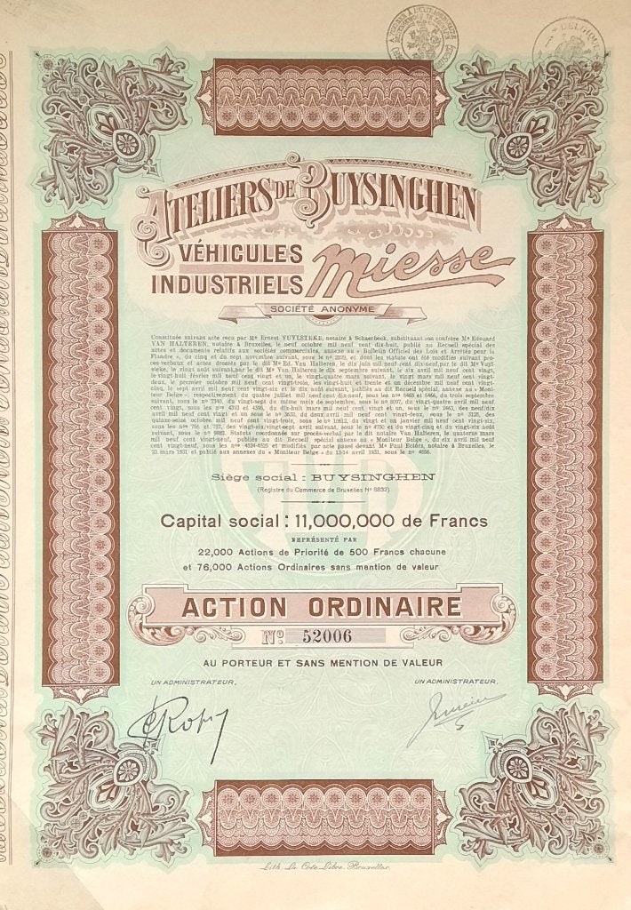Ateliers de Buysinghen - Véhicules Industriels - 1931, Timbres & Monnaies, Enlèvement ou Envoi, 1920 à 1950, Action
