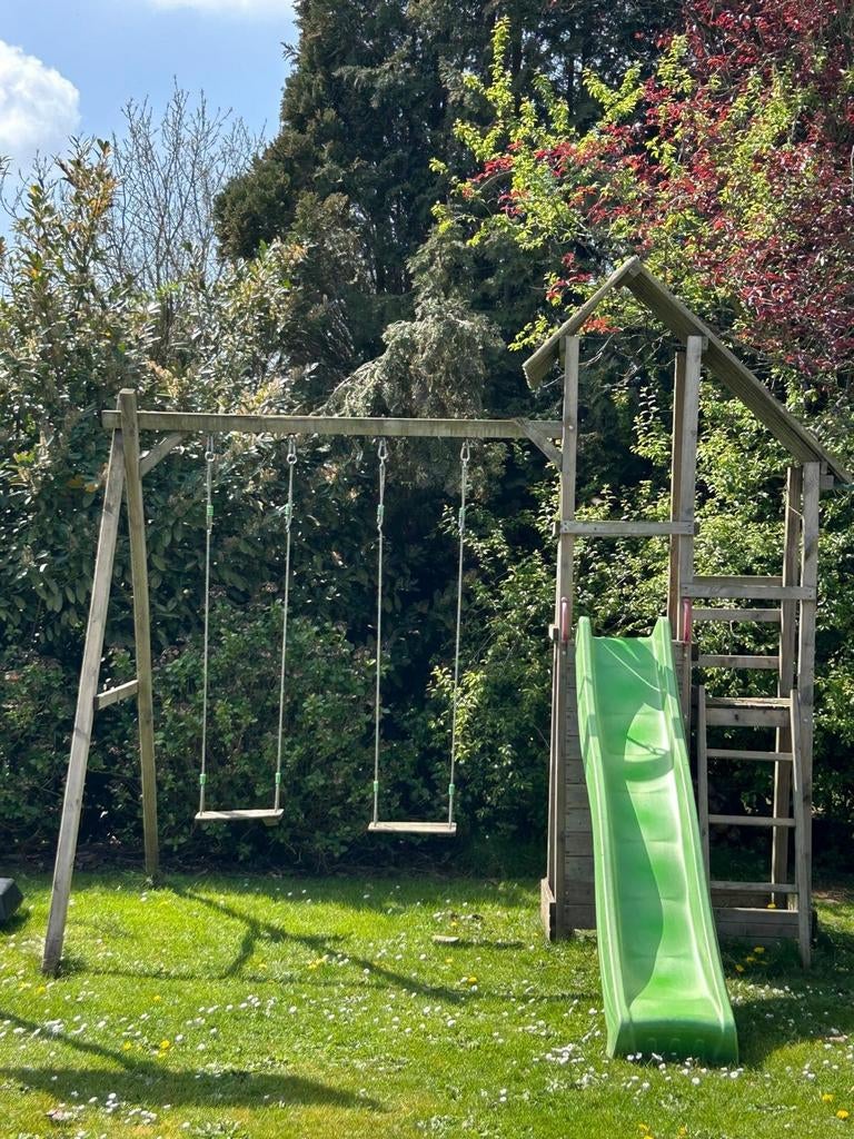 Portique en bois avec balançoires et toboggan, Kinderen en Baby's, Speelgoed | Buiten | Speeltoestellen, Glijbaan, Ophalen