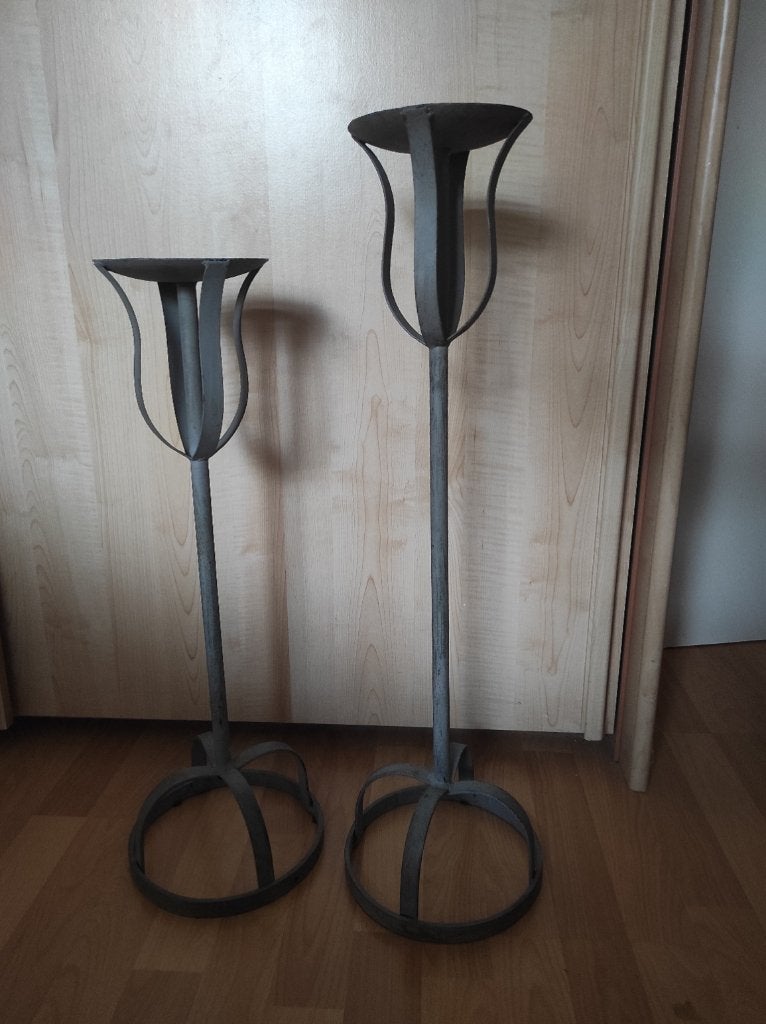 Kleine en grote kandelaar kaars staander houder, Ophalen, Gebruikt, 69 cm, Metaal