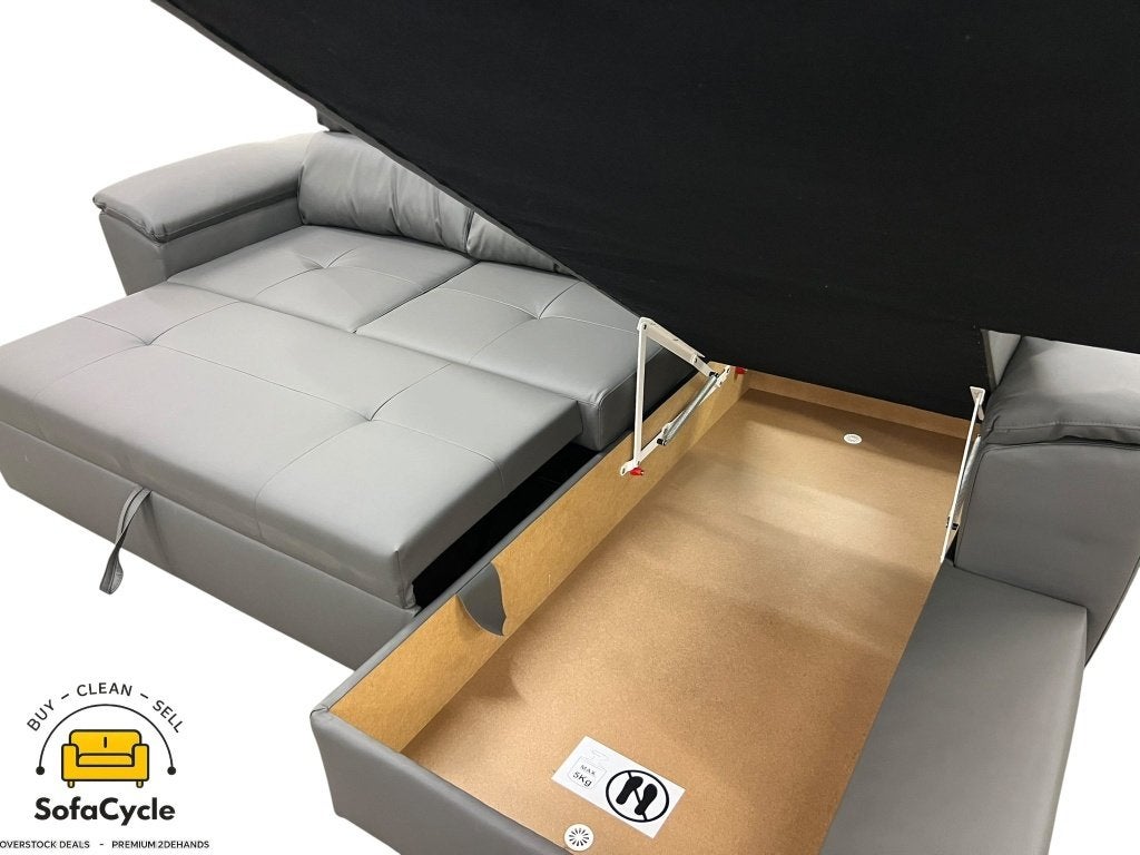 Hoekzetel grijsgroen in skai met slaapbed, hoek R, Huis en Inrichting, Nieuw, Zonnestraat 223-229, 9600 Ronse, België, Info@sofacycle.be