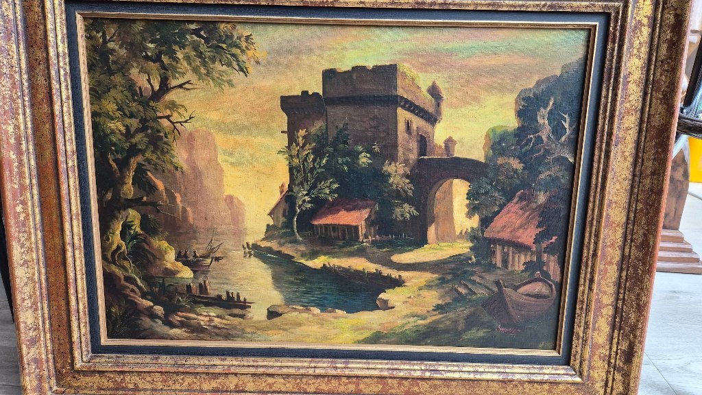 Peinture paysage tour médiévale, Signé, Peinture à l'huile, Paysage, Enlèvement