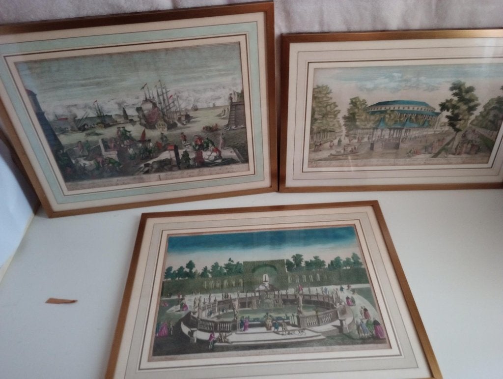 3 handgekleurde gravures, 54 cm, Architectuur, Ophalen of Verzenden, Gravure
