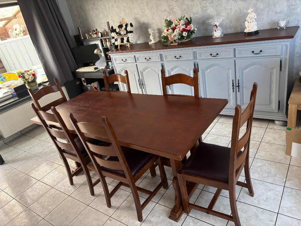 Mooie massief houten eettafel met 6 stoelen, Huis en Inrichting, Ophalen, Zo goed als nieuw, Landelijk, 4 tot 6 stoelen