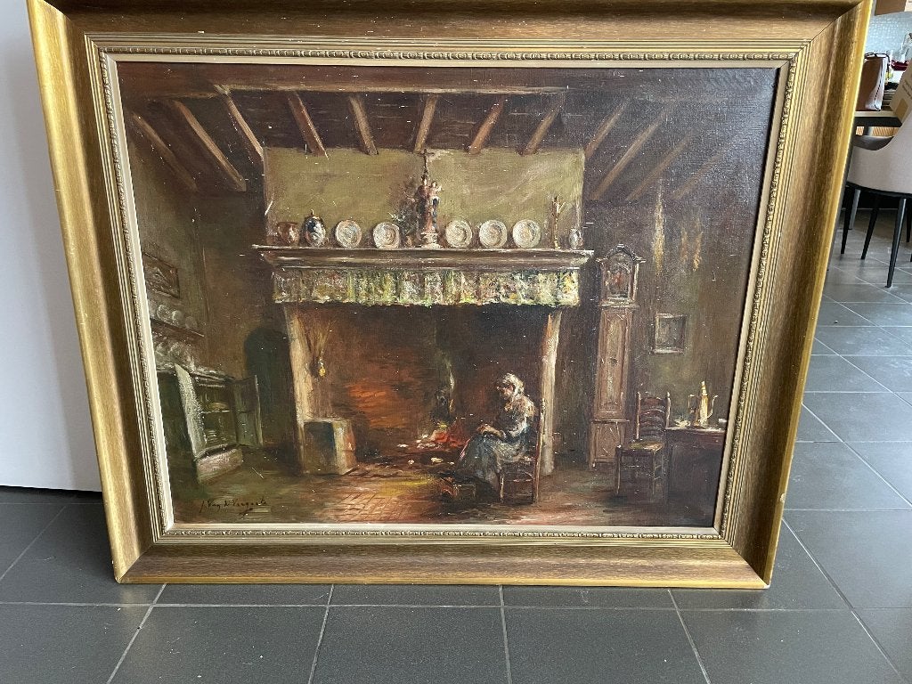 interieur Julien Van De Veegaete groot schilderij met kader, Antiek en Kunst, Ophalen, Doek, Gesigneerd, Olieverf