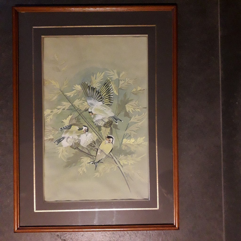 Peinture à la main sur soie de pinsons, Antiquités & Art, Enlèvement ou Envoi, Animaux, Encadré, Toile