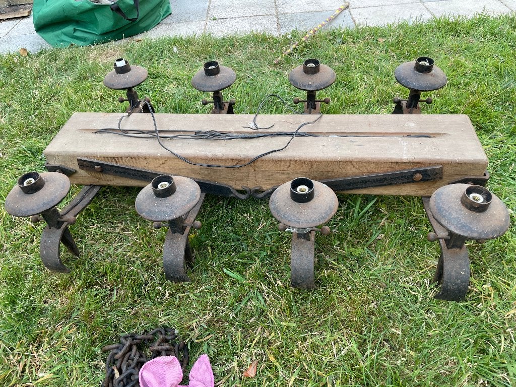 Rustieke houten balkluster, Huis en Inrichting, Lampen | Kroonluchters, Ophalen of Verzenden, Gebruikt, Hout