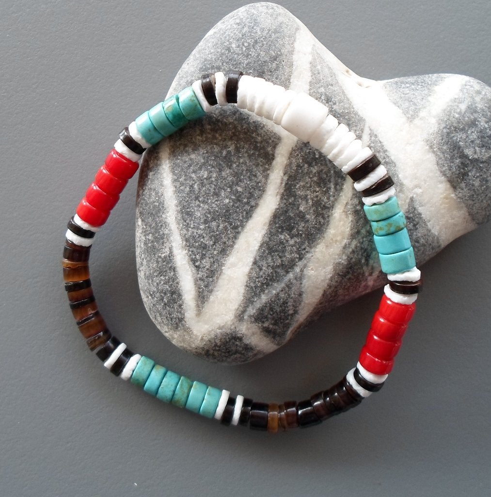 Indiaanse armband voor heren of dames turkoois koraal Surfer, Handtassen en Accessoires, Met bedels of kralen, Blauw, Nieuw, Ophalen of Verzenden