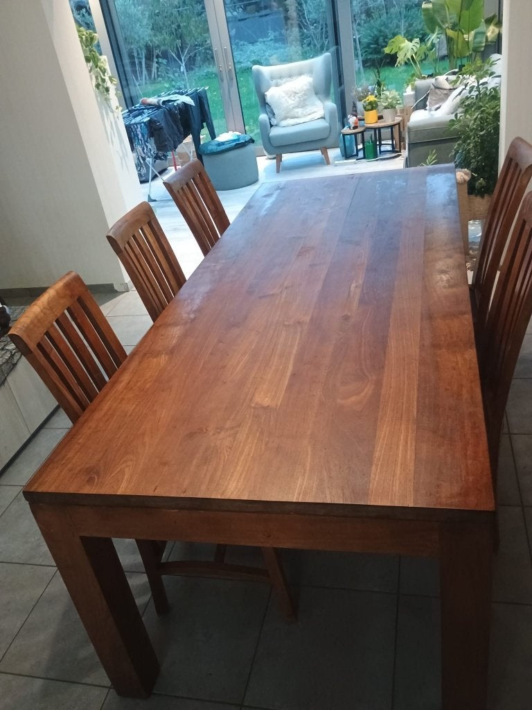 Living , vitrinekast + tafel met stoelen, Ophalen, Gebruikt, Rustiek landelijke/ massieve teak, 4 tot 6 stoelen