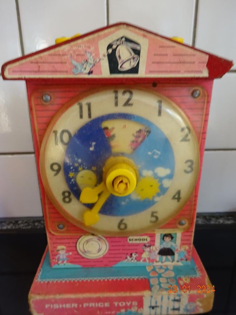 Vintage Fisher-Price learning klok opwindbare muziekdoos, Kinderen en Baby's, Speelgoed | Fisher-Price, Met geluid, Ophalen of Verzenden
