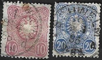 2 Postzegels Duitse Rijk Cijfer adelaar, inschrift "Pfennig", Ophalen of Verzenden, Duitse Keizerrijk, Gestempeld