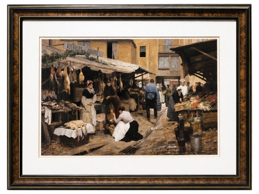 Grand cadre reproduction "Scène de marché" – 108,5 x 80 cm, Maison & Meubles, Avec verre, Cadre poster, 108 cm, Bois