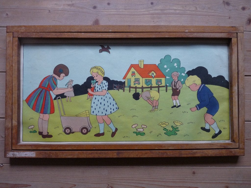 houten wisselkader educatief 15 prenten, Baert, Schaarbeek, Enlèvement, Maison et Jardin