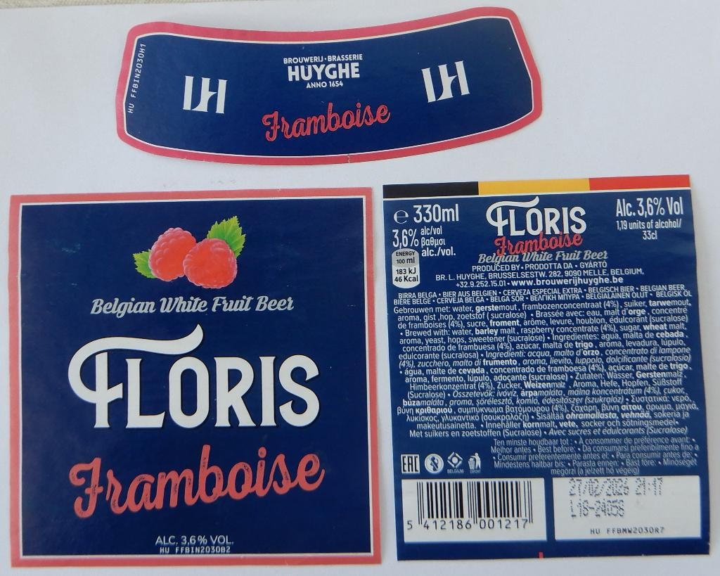 Bieretiket Floris framboise Brouwerij Huyghe (13a5), Verzenden, Gebruikt