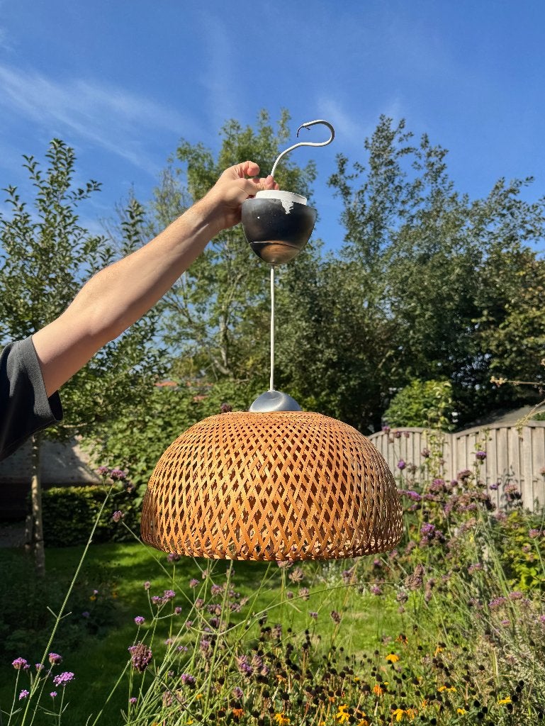 Gevlochten rotan/bamboe hanglamp – natuurlijke boho stijl, Gebruikt, Gevlochten rotan/bamboe, Glas, E27 (groot)
