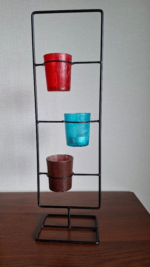 metalen staander met 3 theelichtpotjes, Enlèvement ou Envoi, Comme neuf, Chandelier, 25 à 50 cm