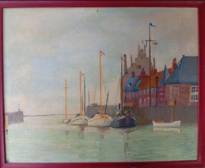 Port en Hollande. Tableau ancien signé, Antiquités & Art, Enlèvement ou Envoi