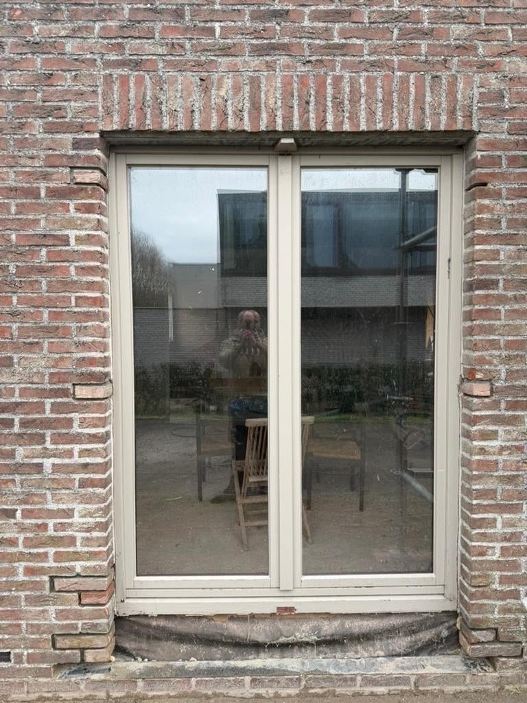 Houten meranti kiep en kantel raam H200xB150 dubbel glas, Ophalen, Gevelraam of Ruit, Gebruikt, 160 cm of meer
