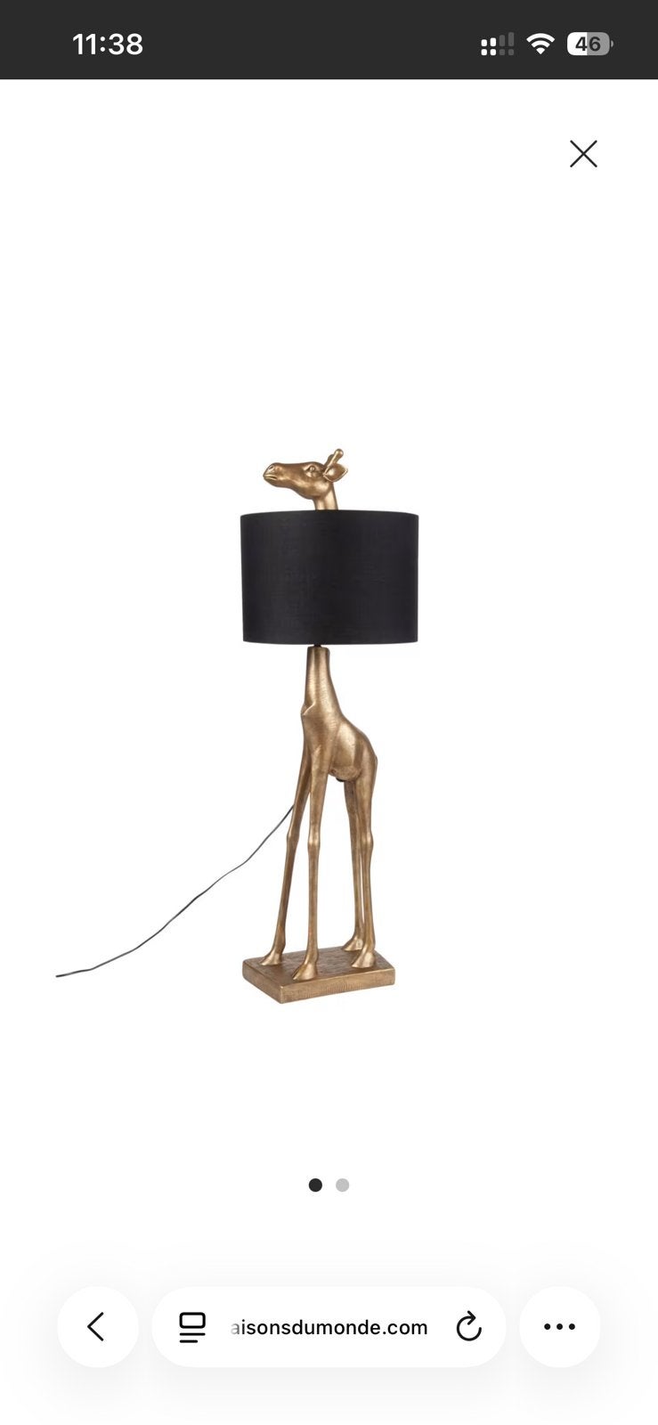 Jirafa - Goudkleurige lamp giraf en zwarte lampenkap, Huis en Inrichting, Lampen | Vloerlampen, Ophalen, Zo goed als nieuw, Overige materialen