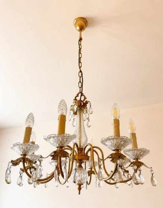 Lustre Vintage - 8 Branches + 2 Appliques, Enlèvement ou Envoi, Utilisé, Verre, Style Hollywood Regency