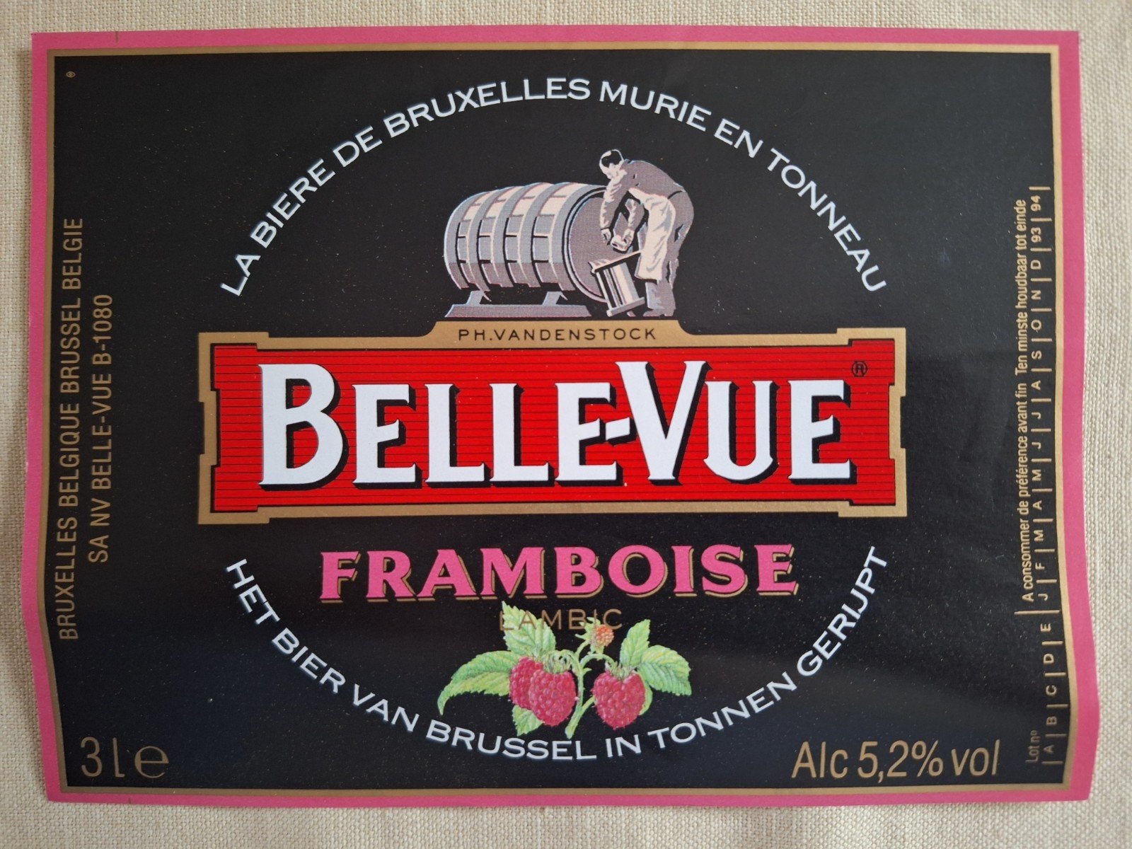 Zeer groot bieretiket brouwerij Belle-vue 3L fles, Ophalen of Verzenden