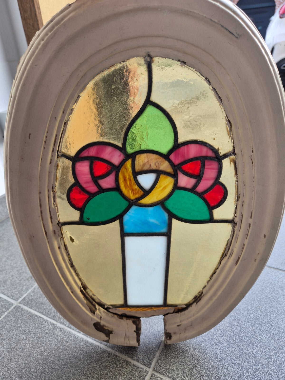 Prachtig antiek ovaal glas-in-lood raam – Bloemmotief, Ophalen