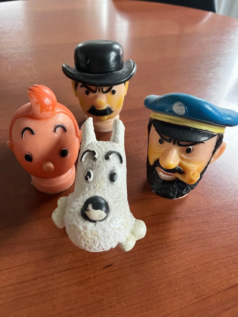 4 TETES DE MARIONNETTE HERGÉ TINTIN- ANNEE 70, Collections, Enlèvement ou Envoi, Tintin, Comme neuf, Statue ou Figurine