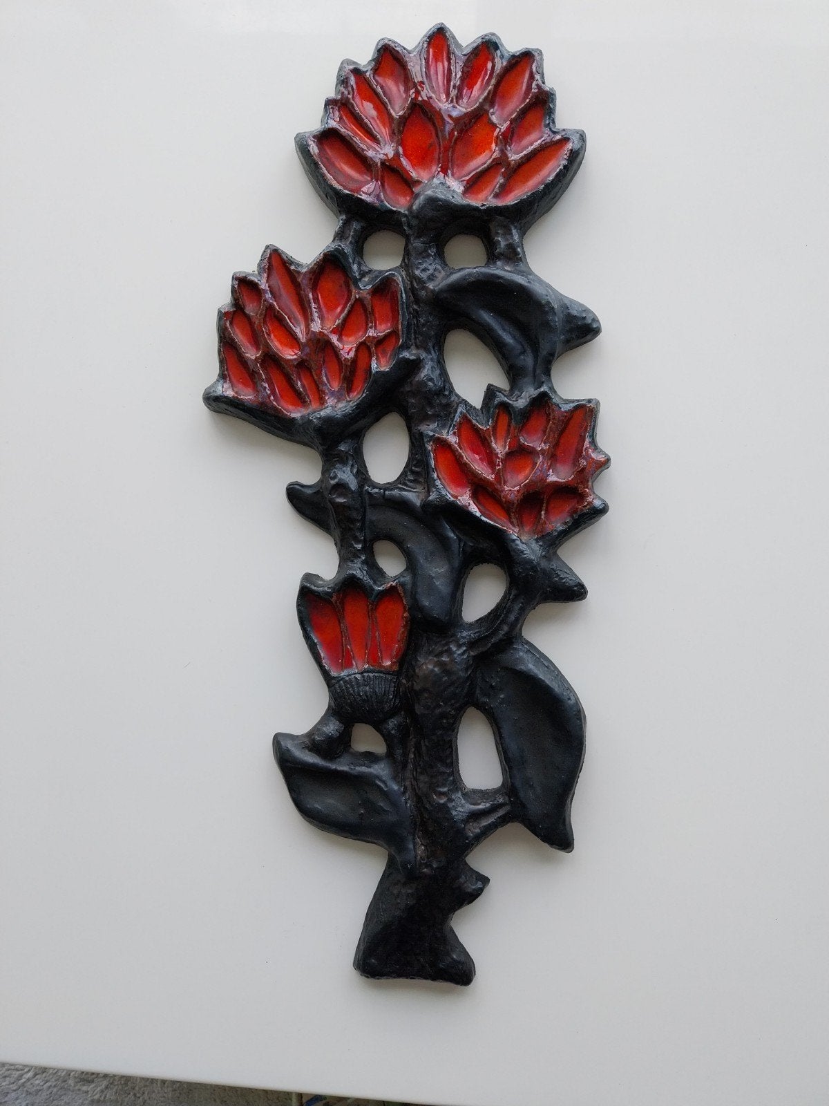 Xl Vintage keramiek wandsculptuur bloemen Jaren 60 (Perignem, Antiek en Kunst, Ophalen