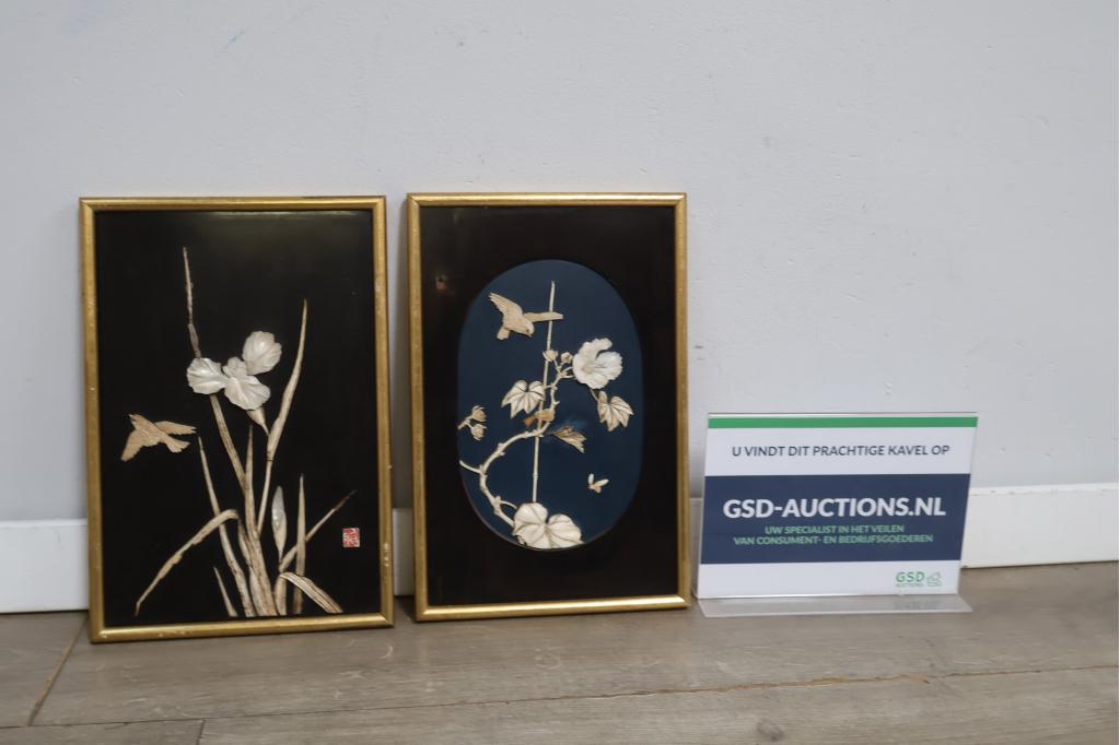 Set van 2 Vintage Handgemaakte Japanse Kunstpanelen, Antiek en Kunst