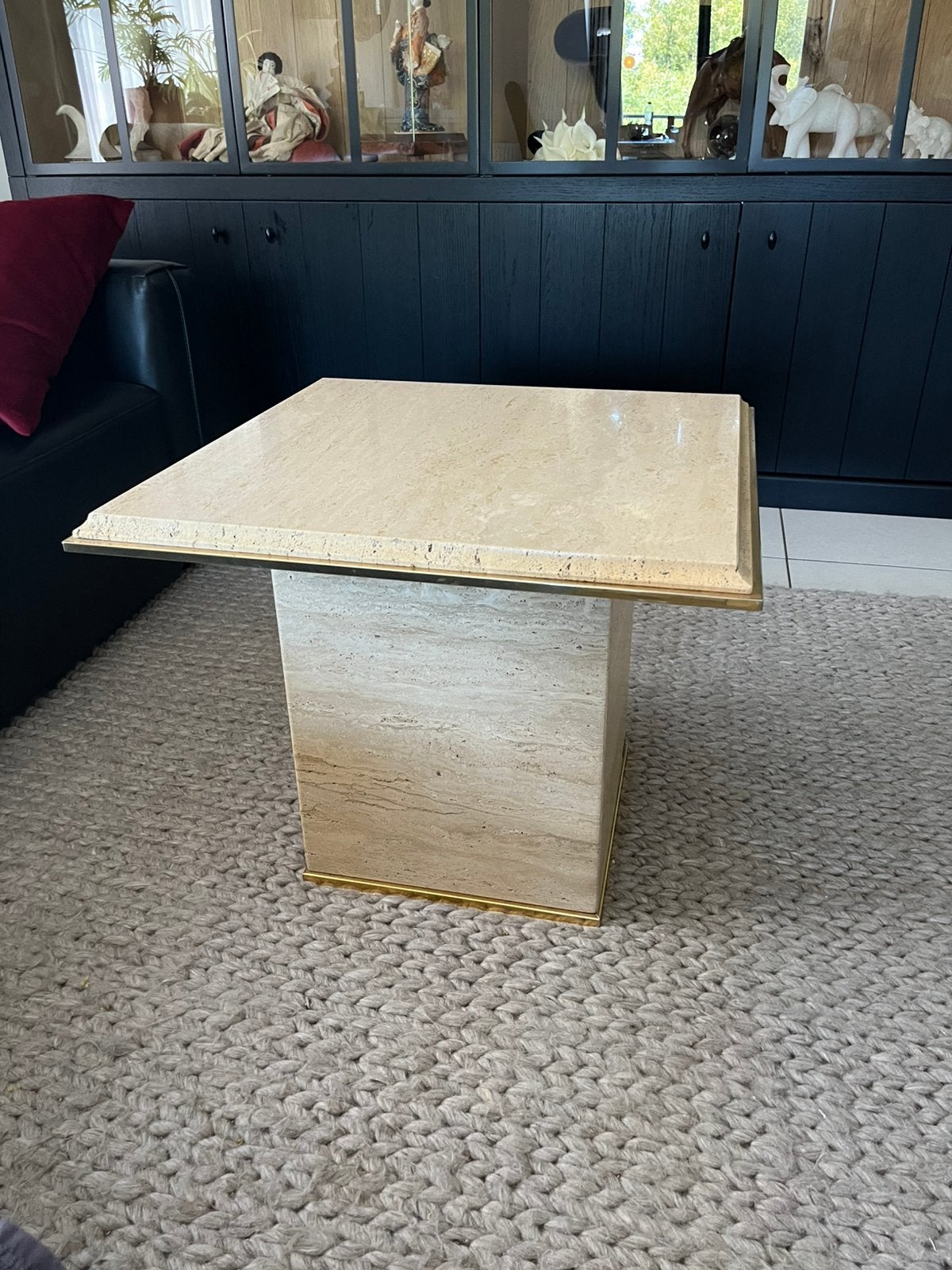 Table vintage en travertin Fedam 60x60 cm- Années 70- laiton, Enlèvement, Comme neuf