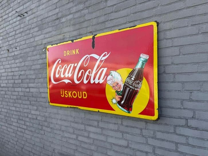 Vintage Coca-Cola Emaille Reclamebord - Drink IJskoud, Antiek en Kunst