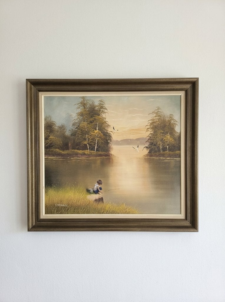 Peinture « garçon à la pêche » de C. Manuel, Peinture à l'huile, Paysage, Signé, Enlèvement