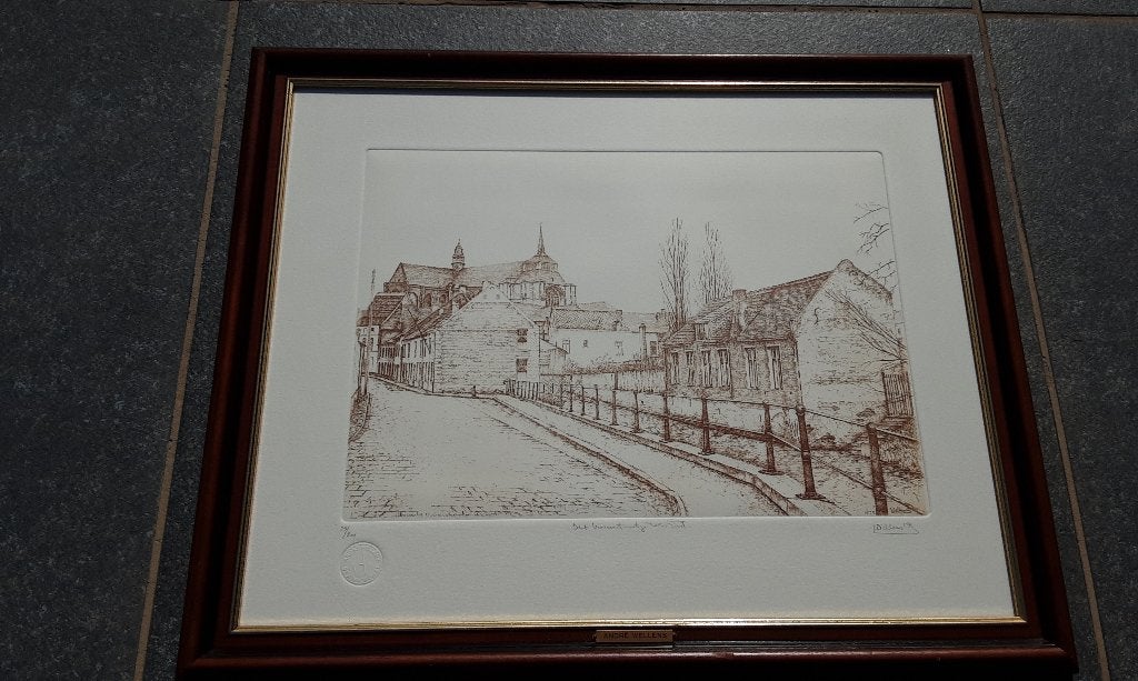 Diest begijnhof ets, la rue des pêcheurs, A. Wells, 1992, Eau-forte, Enlèvement ou Envoi, 1950 - 1999, Vue urbaine