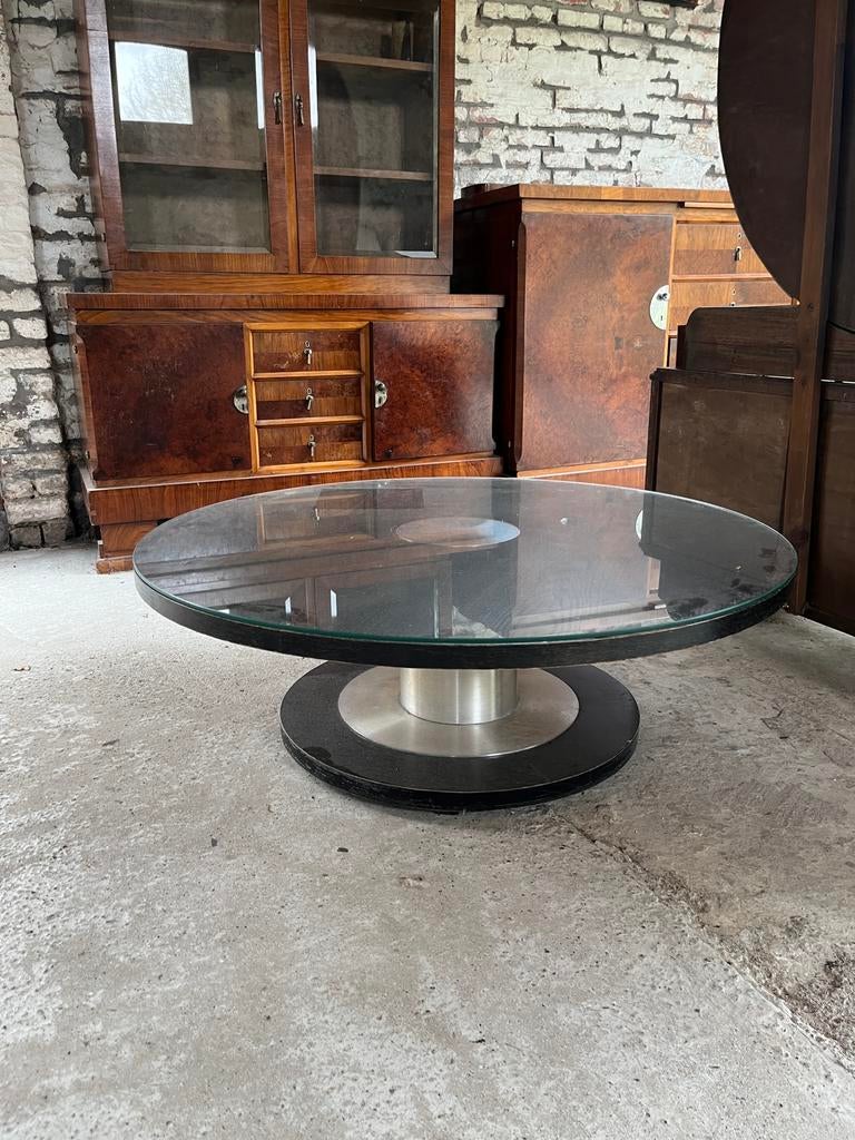 Salontafel met glas en chrome, 100 à 150 cm, Moins de 50 cm, Rond, 100 à 150 cm