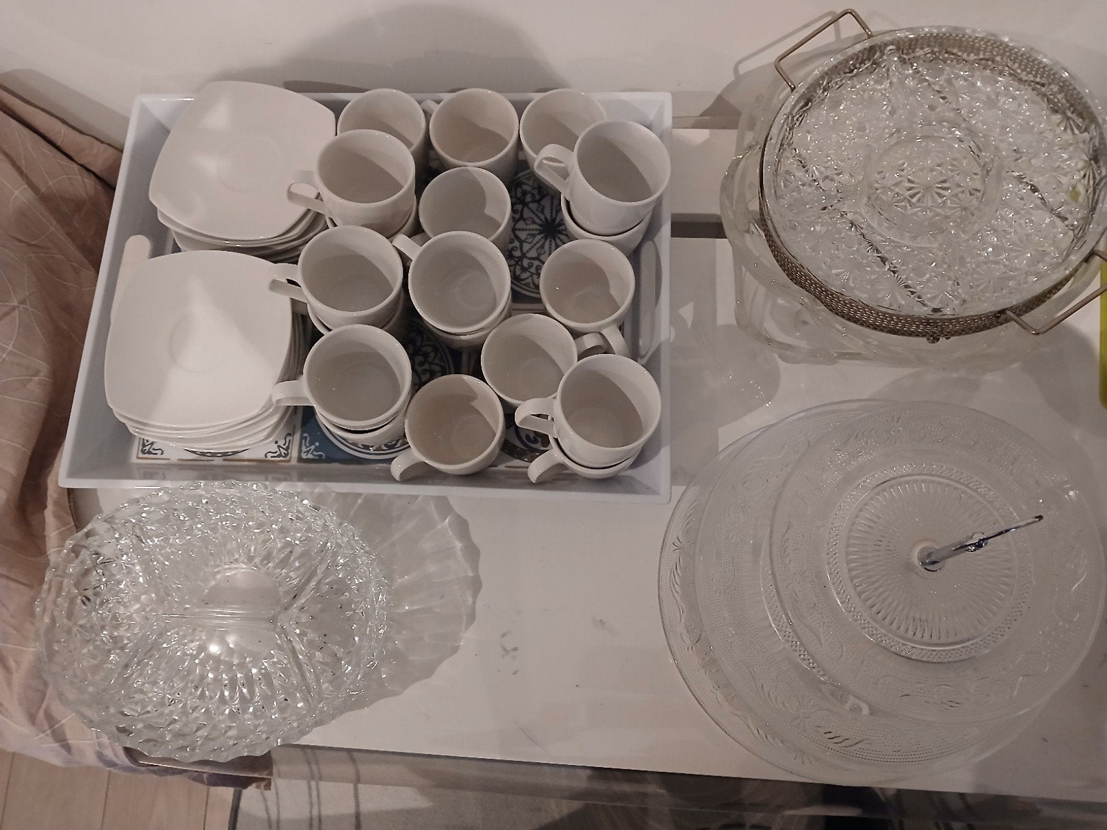Koffieservies + glazen serveerschalen – set, Ophalen, Zo goed als nieuw, Glas, Bord(en)