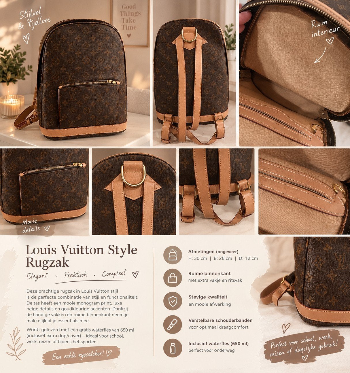 Mooie bruine monogram rugzak met cognac details, Verzenden, Zo goed als nieuw, Bruin, Overige typen