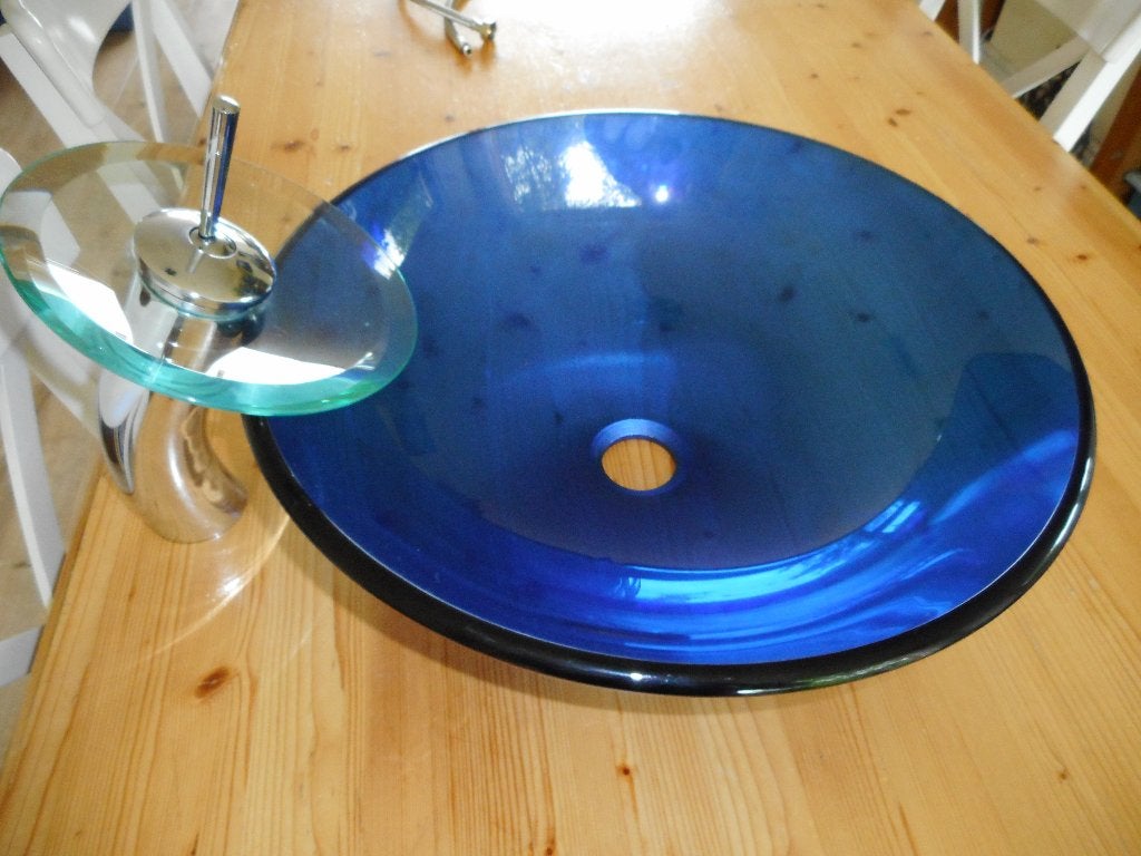 Badkamer Set: Oceaanblauwe Glazen Waskom Kraan na keuze, Huis en Inrichting, Badkamer | Badkamermeubels, Minder dan 50 cm, Verzenden