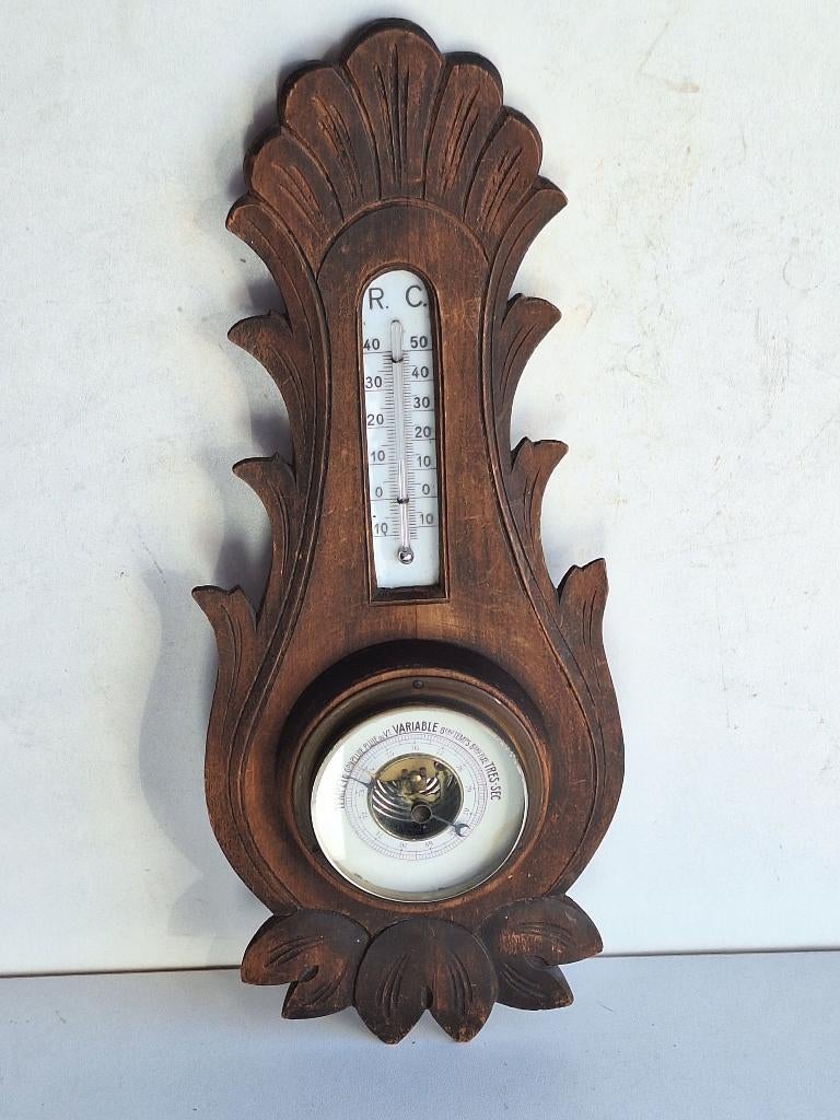 Joli ancien baromètre avec thermomètre en bois, Enlèvement ou Envoi